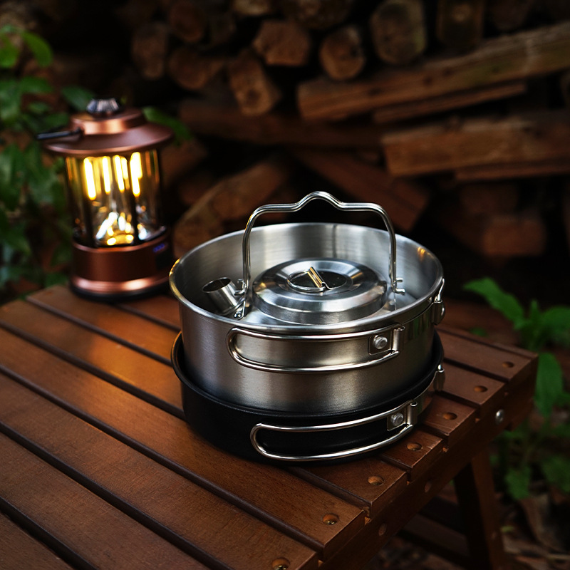 Cls Outdoor Stainless Steel Pot Set Camping Style Non-Stick Frying Pan Camping Style Soup Pot Water Kettle Portable 3-4 Person Pot Set