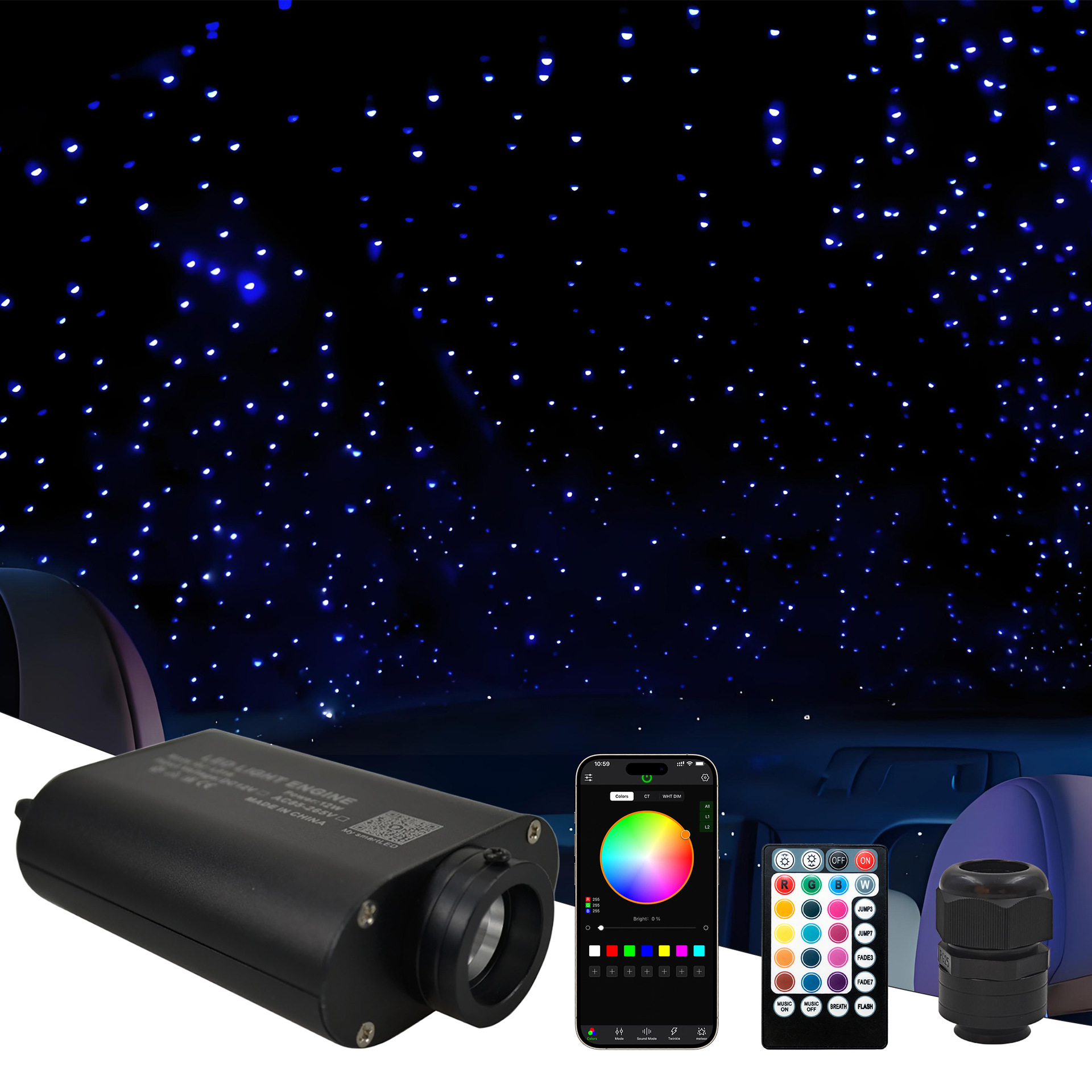 16W автомобильный звездный потолок волоконно-оптический источник света 12W атмосферный свет звездный потолок управление через приложение модификация автомобиля