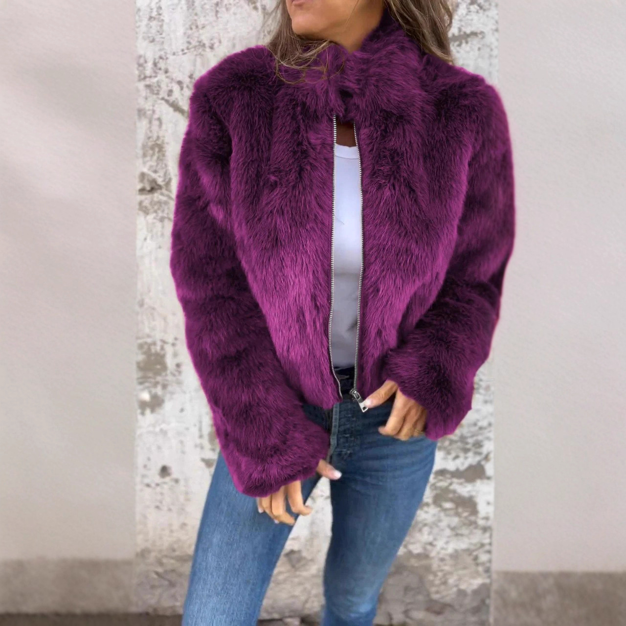 Amazon 2024 European and American Clothing Cross-Border New Autumn and Winter Women's Imitation Fur High Collar Zipper Casual Tops and Jackets