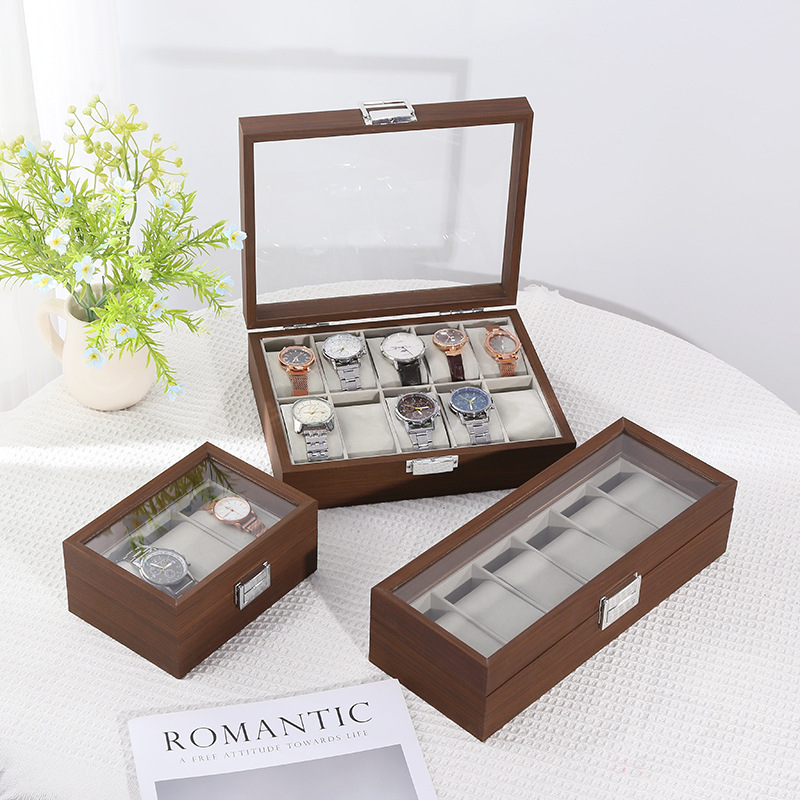 Black Walnut Pattern Watch Storage Box with Window, Mechanical Watch Bracelet Walnut Display Box, Wooden Window Design
