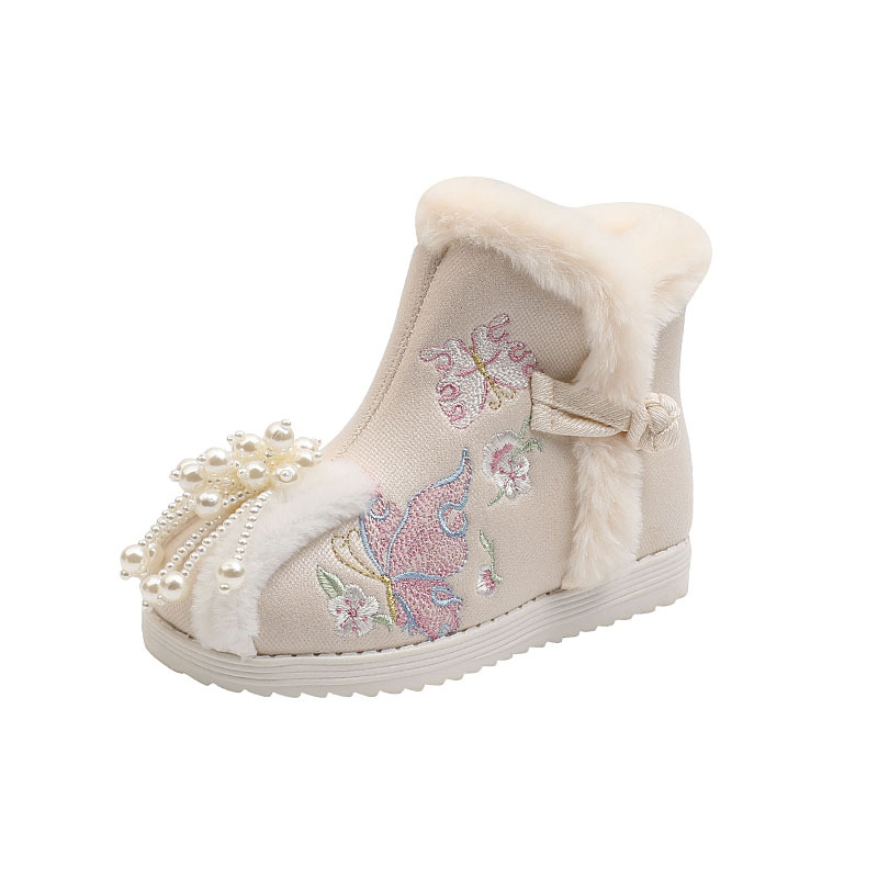 Children's Hanfu Shoes, Girls' Cotton Shoes, Fleece-Lined Shoes, Winter 2025 New Boots, Traditional Chinese Style Embroidered Shoes