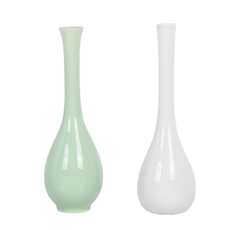 White Porcelain Jade Vase Flower Arrangement Long Neck Vase Thin Mouth Desktop Celadon Small Vase Guanyin Vase Ceramic Ornaments Retro Zen Style