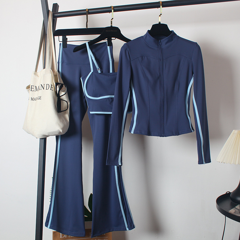 Спортивный костюм для йоги для женщин, весенний стиль, высокие расклешенные штаны, стройнящие, танцы, утренний бег, обтягивающий, трехпредметный с застежкой