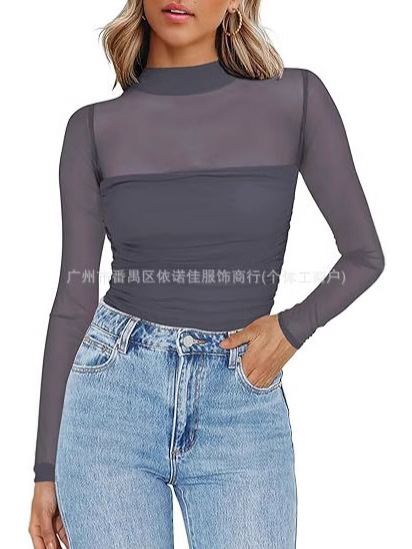 Cross-Border European and American Clothing Amazon New Pure Color Half Turtleneck Mesh Splicing Sexy T-Shirt Top