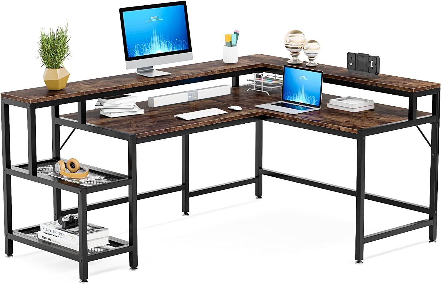 Cross-Border dedicated corner L-shaped computer desk steel-wood structure with monitor stand desk large desktop study desk