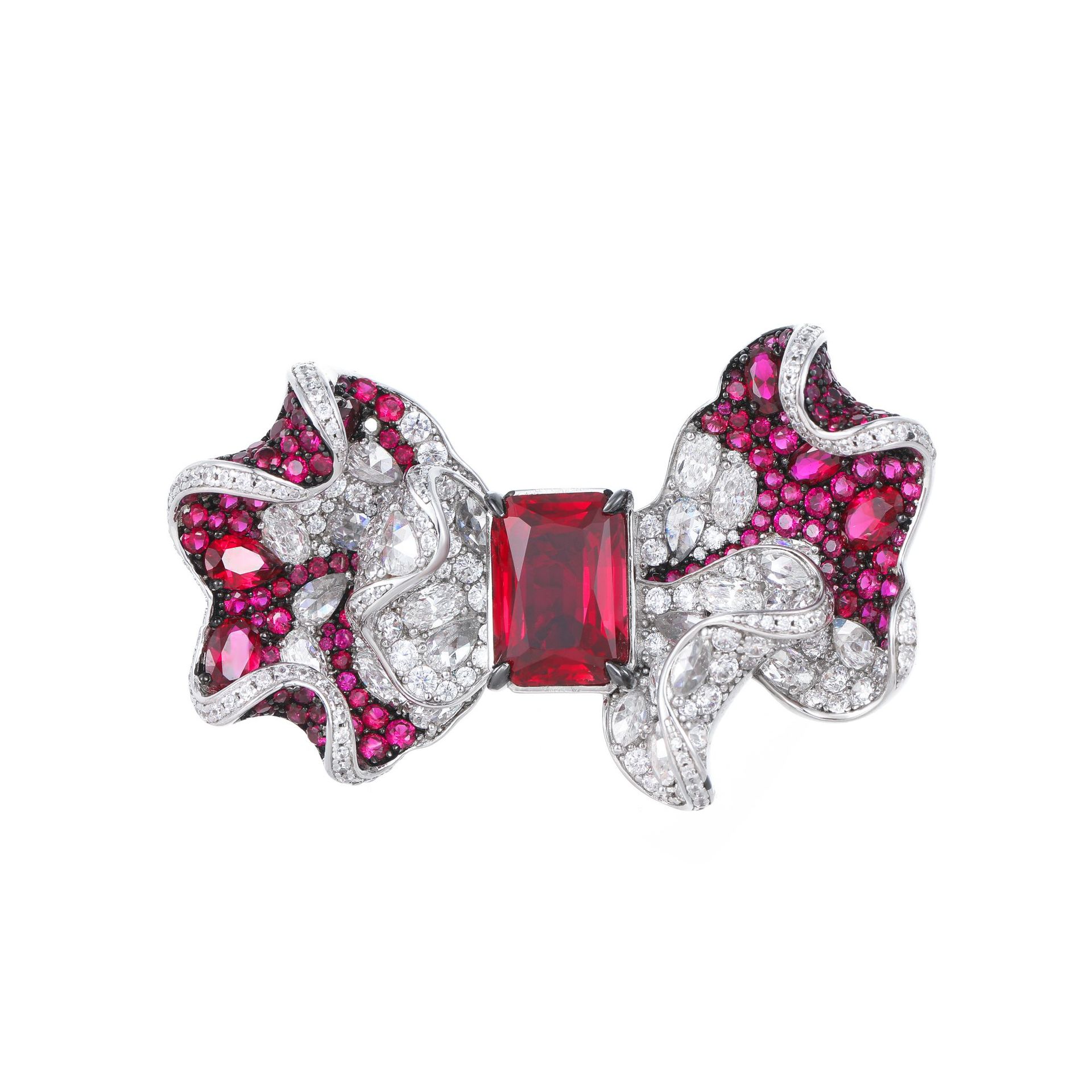 Pigeon Blood Ruby New Bow Brooch High-End Elegant Full of Diamonds Heavy-Duty Clothing S925 Silver