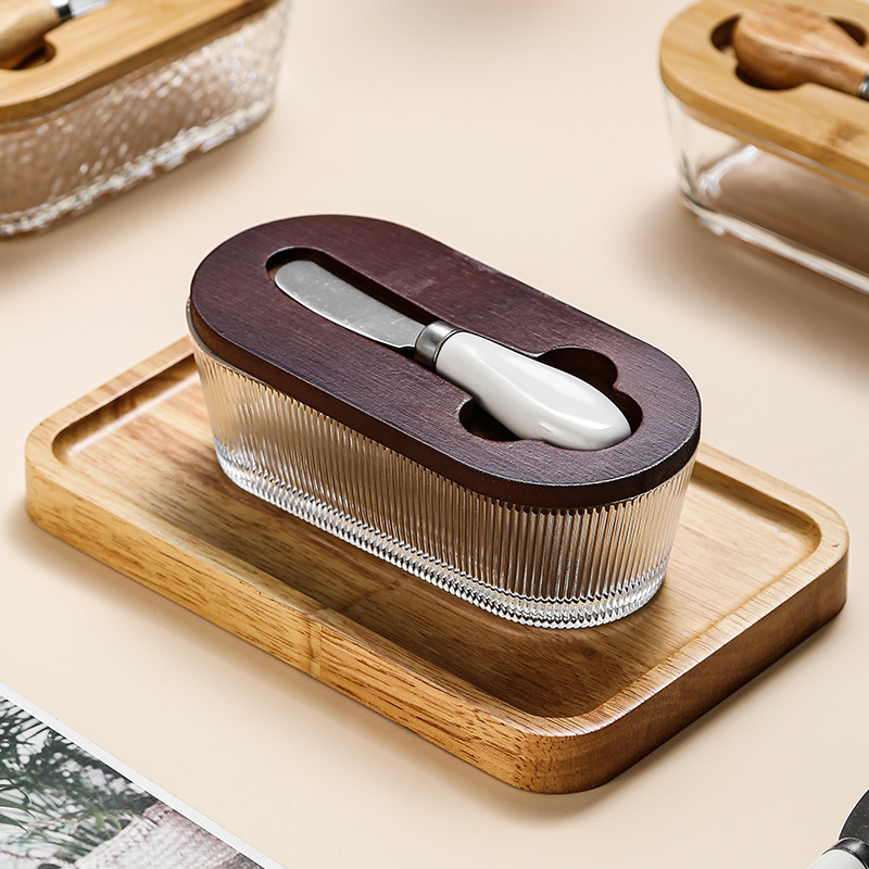 Western-Style Glass Sealed Butter Box with Lid and Spatula, Rectangular Household Cheese Preservation Jar, Household Cheese Box Wholesale