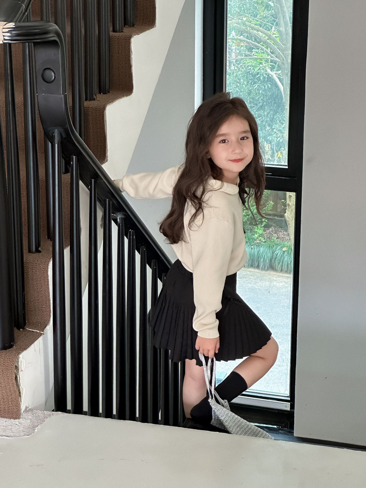 Girls' Knitwear 2024 Autumn New Miu Style College Style Bow Stacked Pullover Sweater Doll Collar Top