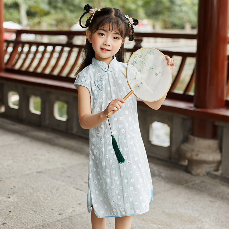 Girls' cheongsam dress 2024 Summer new baby Hanfu cotton dress Western style Chinese style girls' clothes