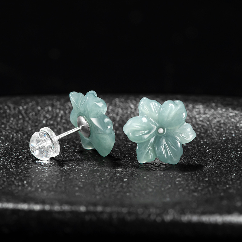 Natural A-Grade Jade Blue Water Orchid Earrings Ice Jade Petals S925 Silver Inlaid Antique Style Women's Earrings Wholesale