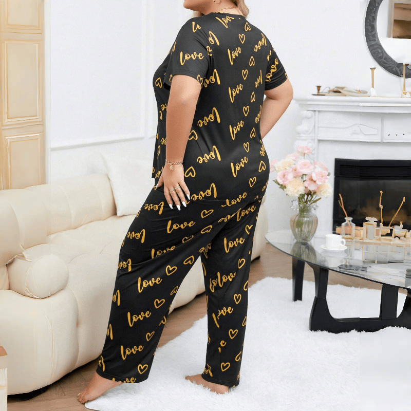 European and American Style Plus-Size Loungewear for Big and Tall Women, Oversized Heart-Shaped Crew Neck Short-Sleeve Long Pants Women's Pajama Set