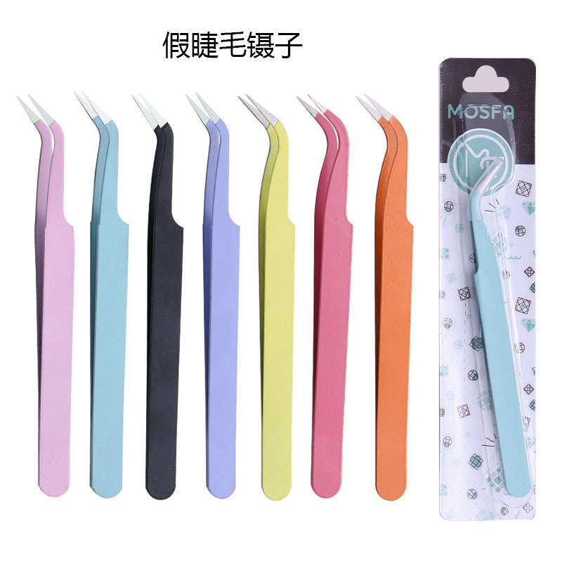 Пинцет с изогнутым кончиком 113 мм из нержавеющей стали для ресниц, цветной, для ручного DIY, упаковка с присоской