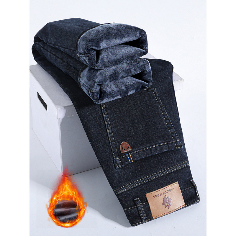 Джинсы с флисовой подкладкой для мужчин осень-зима утолщенные теплые брюки для мужчин для среднего возраста деловой повседневный свободный прямой кросс-бордерный стиль