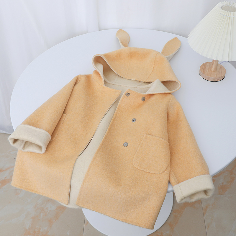 2025 Children's Double-Sided Wool Coat Pink Children's Coat Rabbit Ears Cartoon Short Wool Coat with Tail