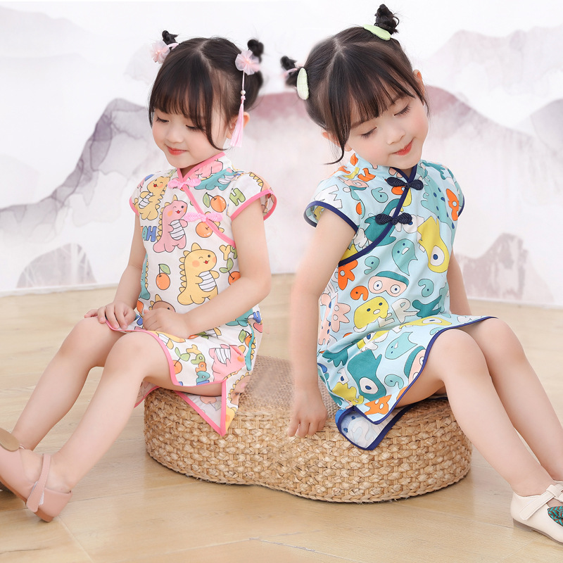 Tang Suit Ethnic Cheongsam Spring and Summer Dress Kidsren's Han Dynasty Improved Kidsren's Clothing Small and Medium-Sized Kidsren's Princess Dress Short-Sleeved Kidsren's Dress