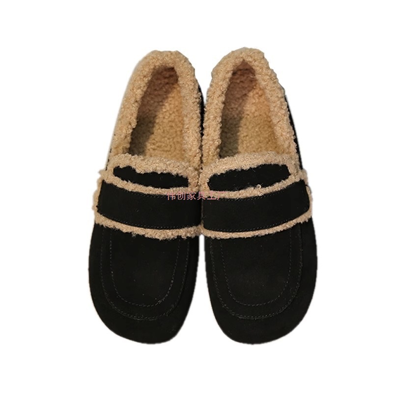 Doudou Fur Shoes for Women's Outer Wear 2025 Autumn and Winter New Flats Birkenstock Shoes Retro One-Leg Fleece-Lined Cotton Shoes