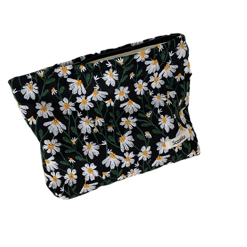 19221 Small Fresh Embroidered Daisy Flower Cosmetic Bag for Women Simple Portable Pencil Bag Large Capacity Japanese Style Artsy
