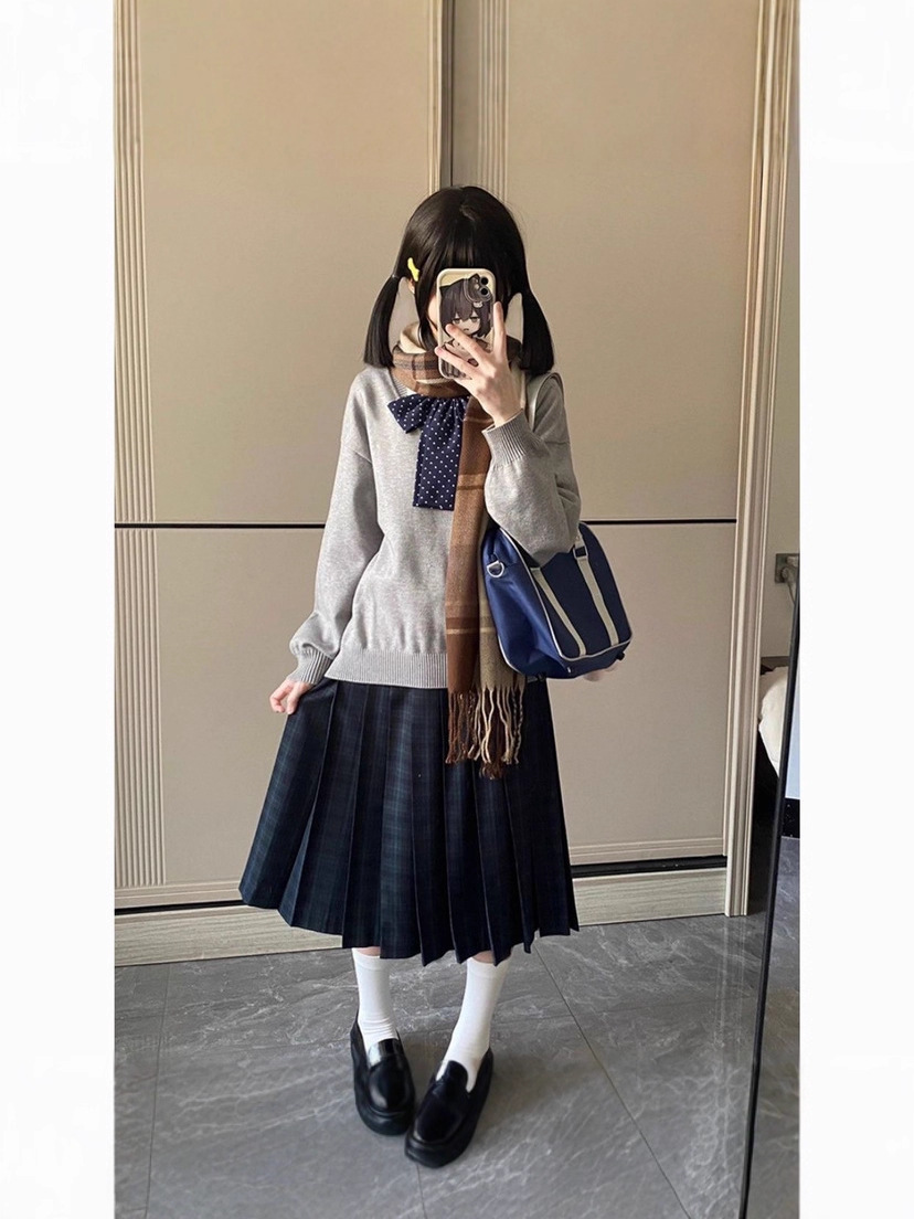 Seaweed Mid-Skirt Jk Uniform Japanese Style Petite Wear Knitted Sweater Long-Sleeved Preppy Style Long Skirt Autumn and Winter Suit