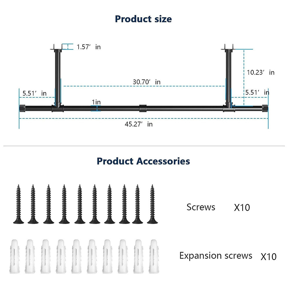 Wall-Mounted Clothes Rack, Industrial Pipe Wall Closet Metal Hanging Rod, Multi-Functional Clothes Drying Rod for Wardrobe