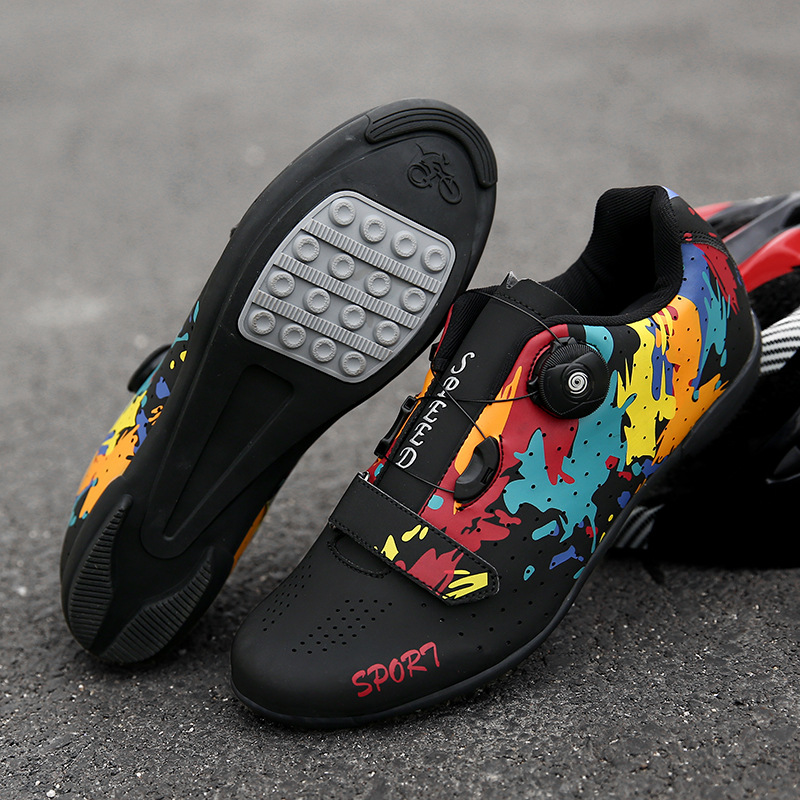 Mountain Bike Lockless Cycling Shoes Men's and Women's Graffiti Road Bike Lock Shoes Hard Sole Dynamic Bicycle Shoes Bicycle Professional Shoes