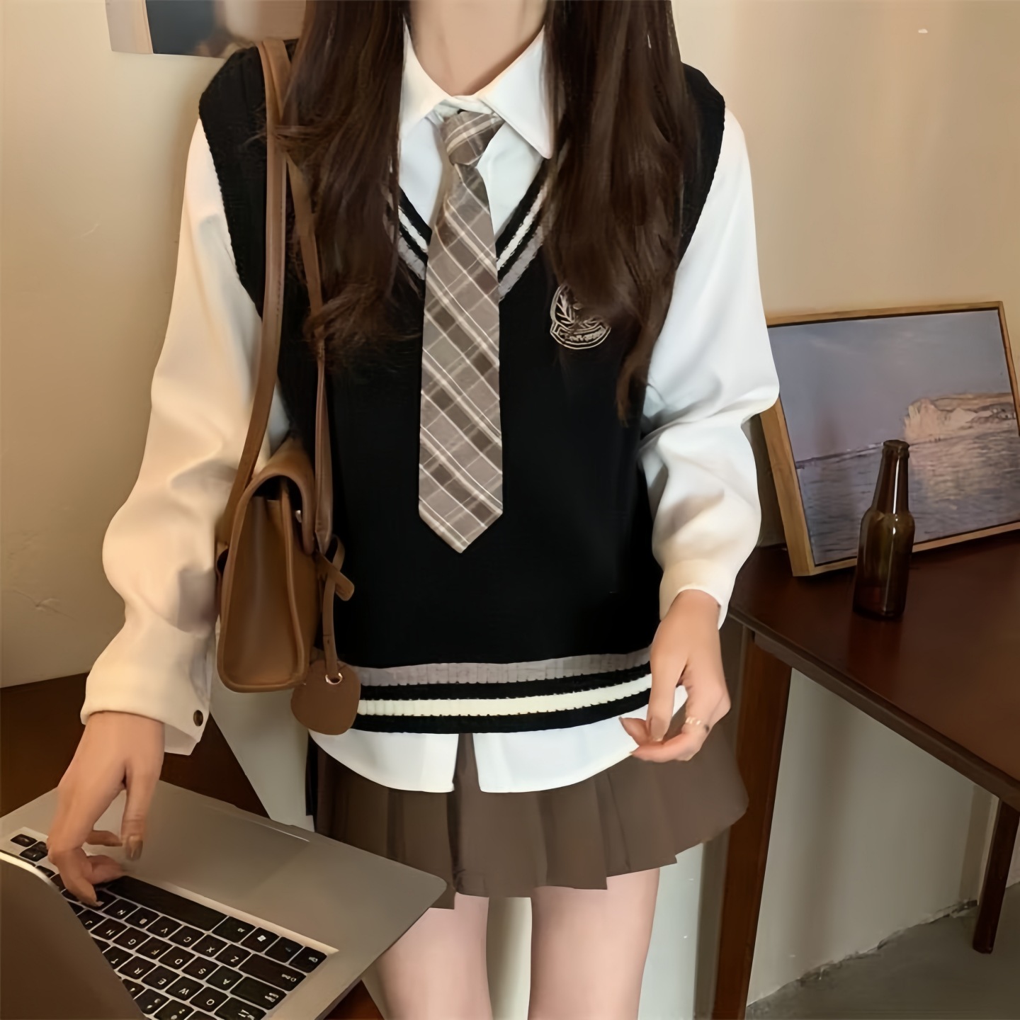Свитер с фото удостоверения студента, вязаный жилет, многослойная рубашка, униформа JK, юбка с складками, одежда в стиле прэппи
