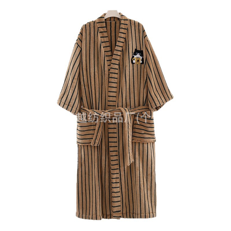 Cross-Border Bathrobe Vertical Striped Coffee Cat Home Clothes Autumn and Winter Thickened Wearable Bath Towel Couple Style Bathrobe with Straps