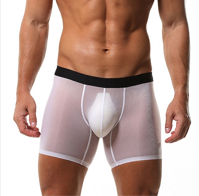 Translucent Rib Ice Silk Boxers Men's Thin Transparent High-elasticity Non-marking Underwear Long Imitation Grinding Leg Boxer plus size
