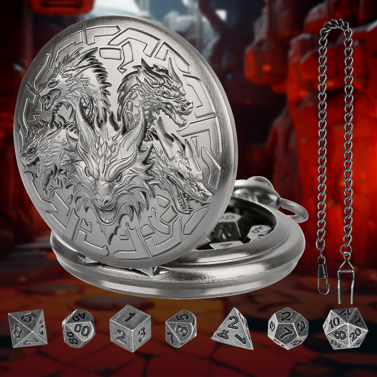 Dnd Dice Accessory Pocket Watch Case with Vintage Engraving, Featuring a Large Dragon Head in the Middle, Five Dragon Head Flip Cover Pendant, Available for Direct Sale