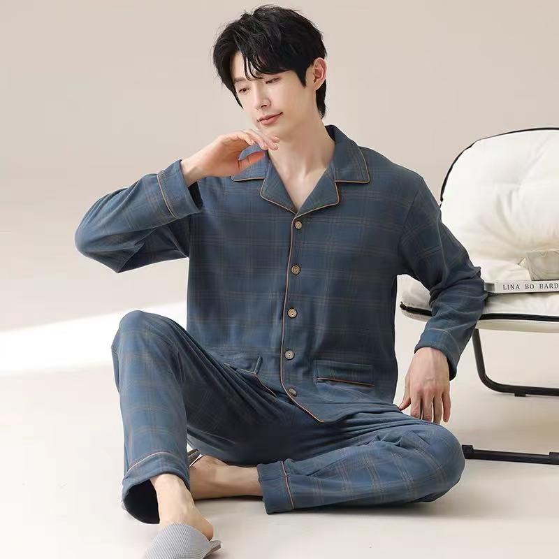 2025 Men's Pajamas Spring & Fall Long-Sleeved Pants Cardigan Loose Large Size Men's Casual Home Wear Summer