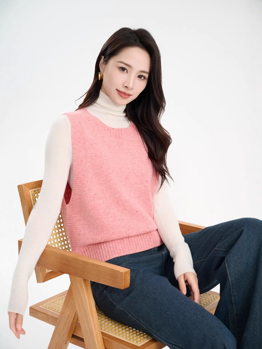 Jigero 100% Wool Vest 2025 Autumn Round Neck Colorful Yarn Knitted Vest Women's Sleeveless Layered 160g Thin Style