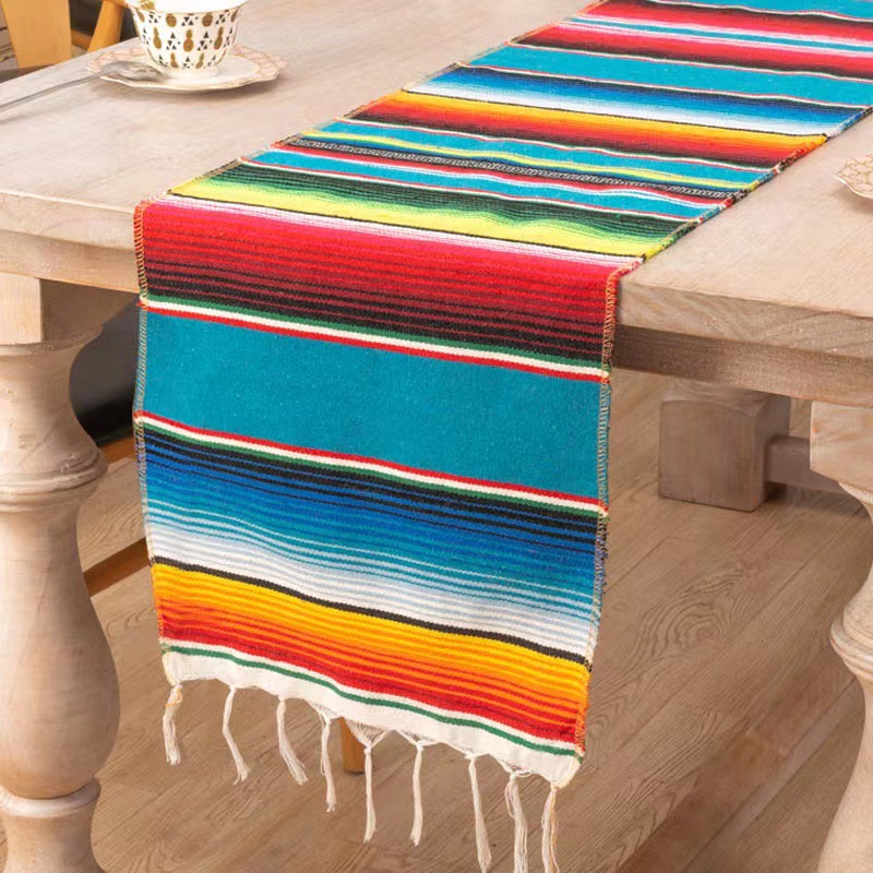 In Stock Mexican Style Amazon AliExpress Blanket Mexican Party Tablecloth Table Runner Woven Tablecloth Tassel