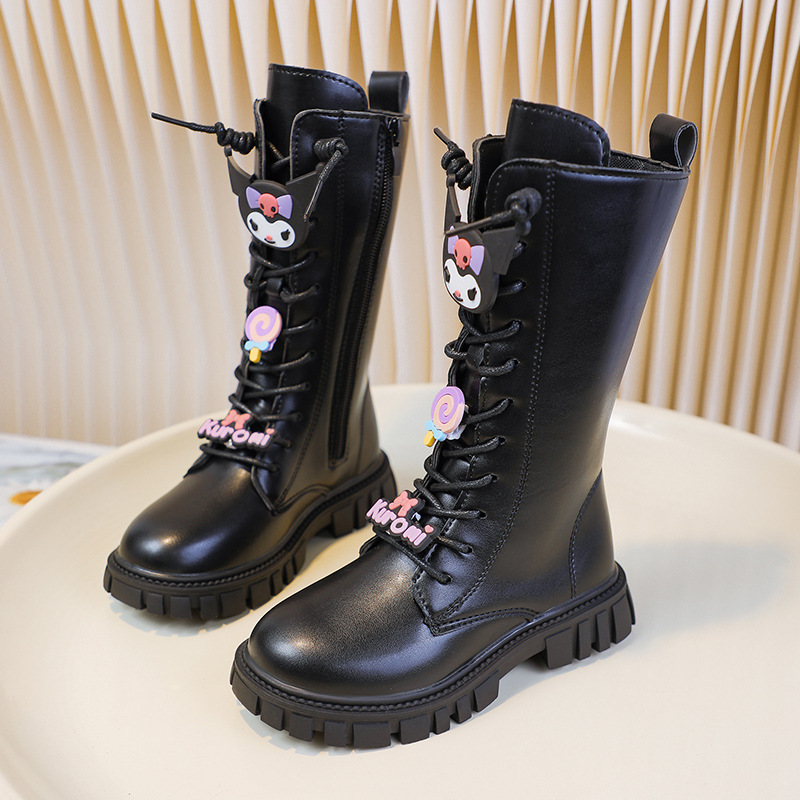 Girls' Kuromi Boots Autumn and Winter 2025 New Boots Fleece-Lined Boots Kidsren's High Boots Princess Leather Boots