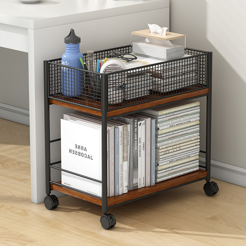 Movable bookshelf with wheels desk side schoolbag storage rack floor iron book storage simple student bookcase