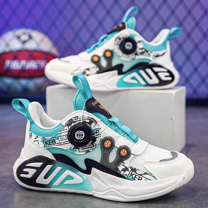 Autumn New Ice Silk Surface Rotating Button Children's Sneakers for Boys and Girls, Casual Running Basketball Shoes for Older Children