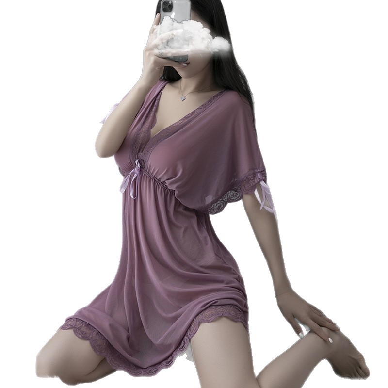 Large Size Sexy Lingerie European and American Sexy Pajamas Deep Transparent Mesh Women's Silk Nightgown