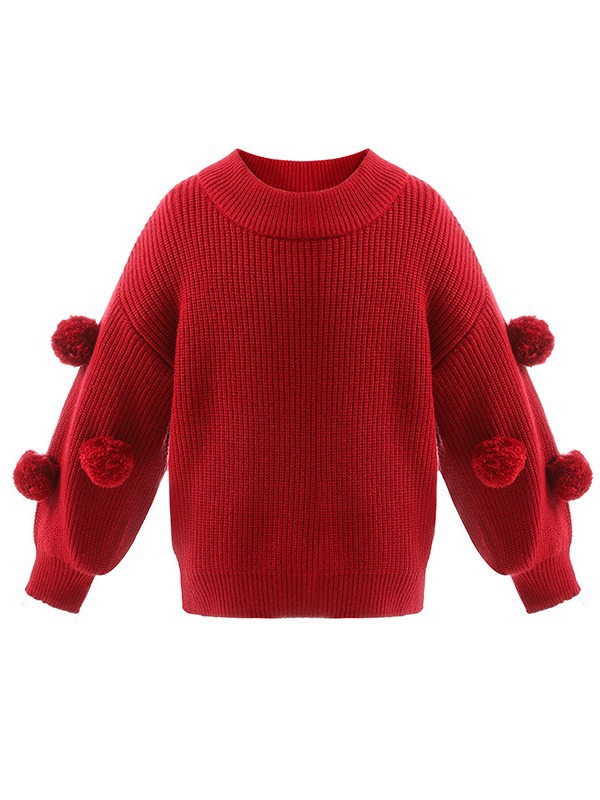 Girls' Clothing Autumn and Winter Baby Girl Round Neck Knitwear Kidsren's Versatile Long-Sleeved Fur Ball Sweater Top Princess Style