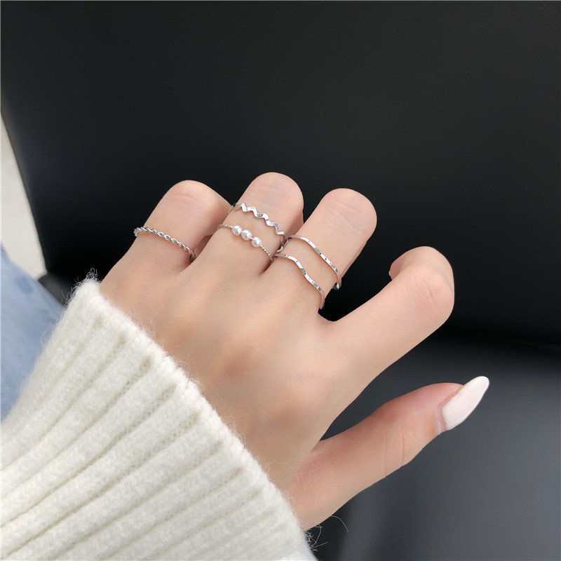 Women's Japanese and Korean Style Simple Ring ins Pearl Wave-shaped Combination Ring Five-piece Set Distinctive Ring Cyber Celebrity Tail Ring