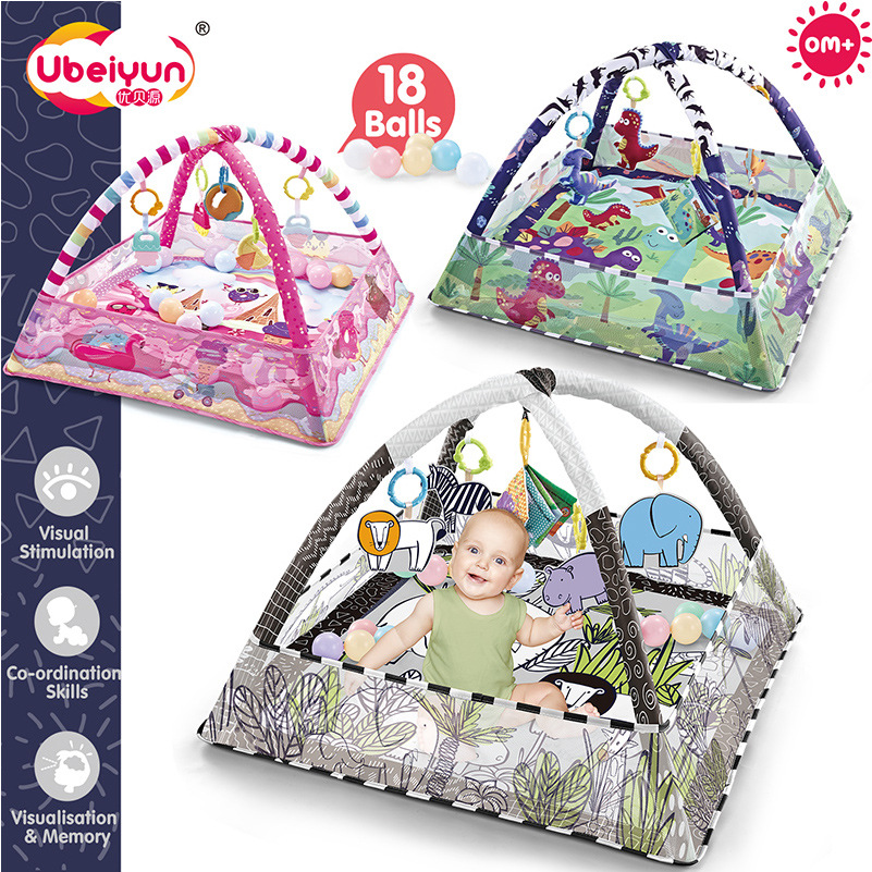 Обновленная версия квадратного игрового пледа с фитнес-стойкой для младенцев, мультяшные животные, океан с мячиками, мат для обучения ползанию