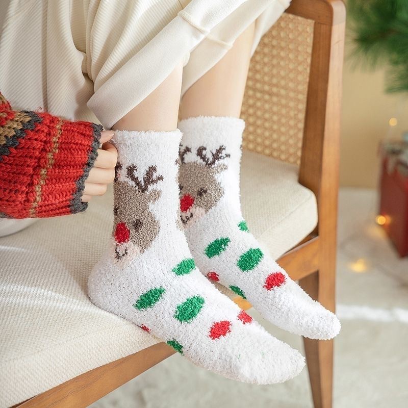 Christmas Gift Socks New Year Socks Women's Coral Velvet Thickeneded Cute Mid-Calf Socks Red Socks Floor Socks