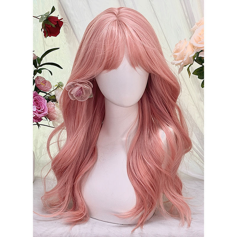 Long Curly Wig in Grapefruit Pink, Stylish Cosplay Long Light-Colored Full Wig Fashion Full Wig Set