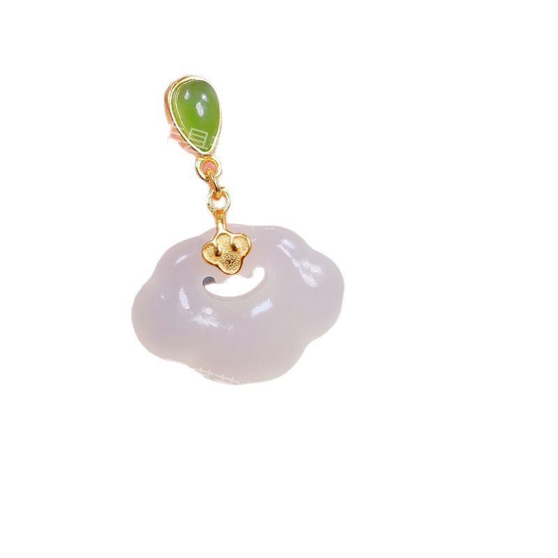 New Vintage Hetian Jade Stone Peace Lock Earrings New Chinese Style Blue and White Jade Cloud Ear Hook Xiangyun Ear Nail Earrings