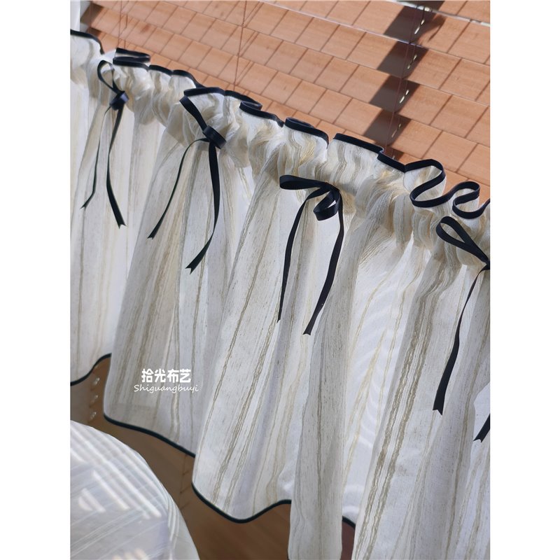 Retro Cotton and Linen Gauze Short Curtain Black Bow Half Curtain Partition Door Curtain Kitchen Window Curtain Cabinet Curtain Shielding Dustproof