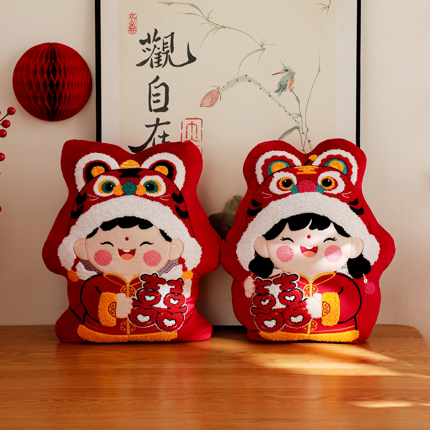 A Pair of Double Happiness Character Pillows, New Wedding Style Bed Dolls, High-End Gifts for the Bride and Groom, Wedding Celebration Dolls