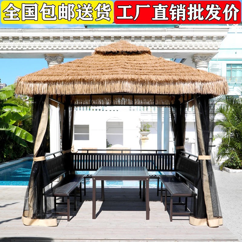 Outdoor Pavilion for Home Use, Villa Courtyard, Farmhouse, Thatched Hut, Small Wooden House, Straw Iron Art Pavilion, Four-Cornered Thatched Pavilion