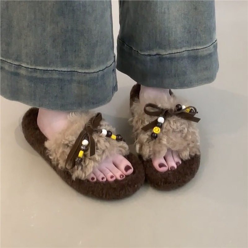 Sheepskin Version ~ Thick-Soled Fur Slippers for Women to Wear Outside with Bows and Beads, Retro Fleece-Lined to Heattech, Lazy One-Line Cotton Slippers