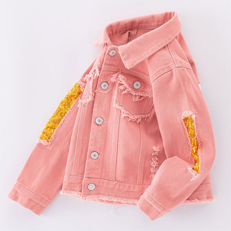 Children's clothing girls' Denim jacket fashionable frayed pink ripped denim jacket children's rainbow sequined top