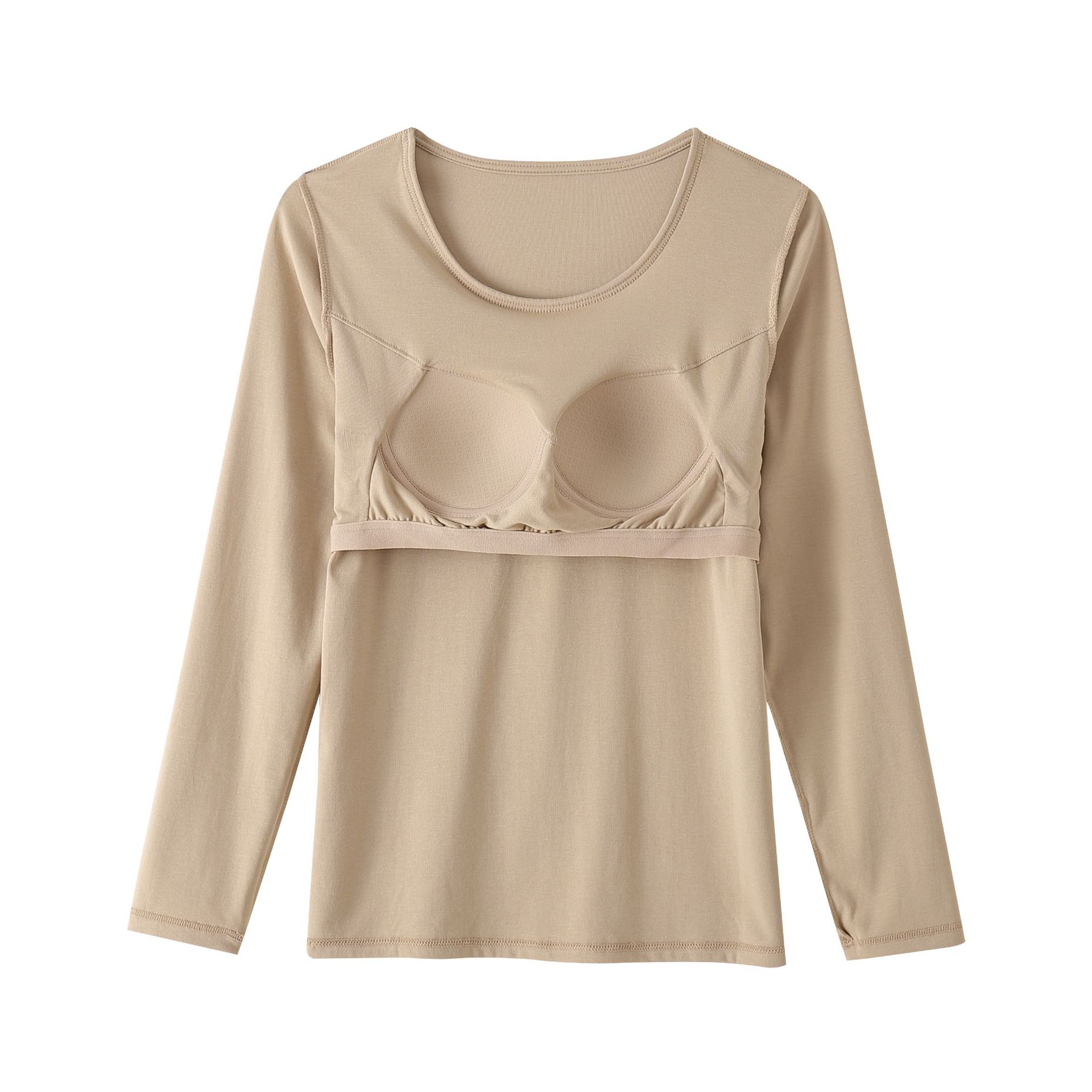 With chest pad one-piece long inner wear anti-exposure no steel ring Cup round neck long sleeve top bottoming can be worn outside T-shirt