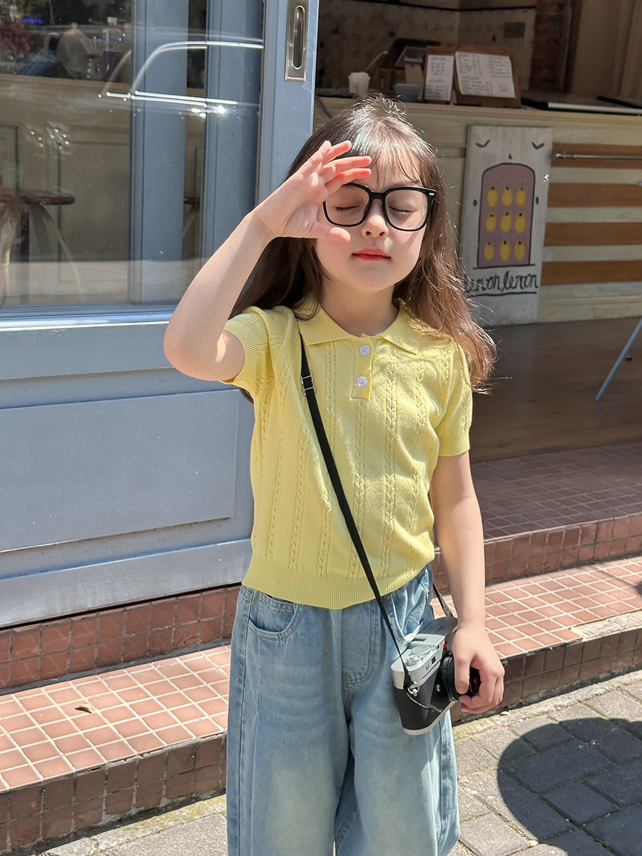 Aimo Beibei Girls Summer Pure Color Knitted Cable T-Shirt Kidsren's Casual Korean Style Polo Lapel Short-Sleeved Top