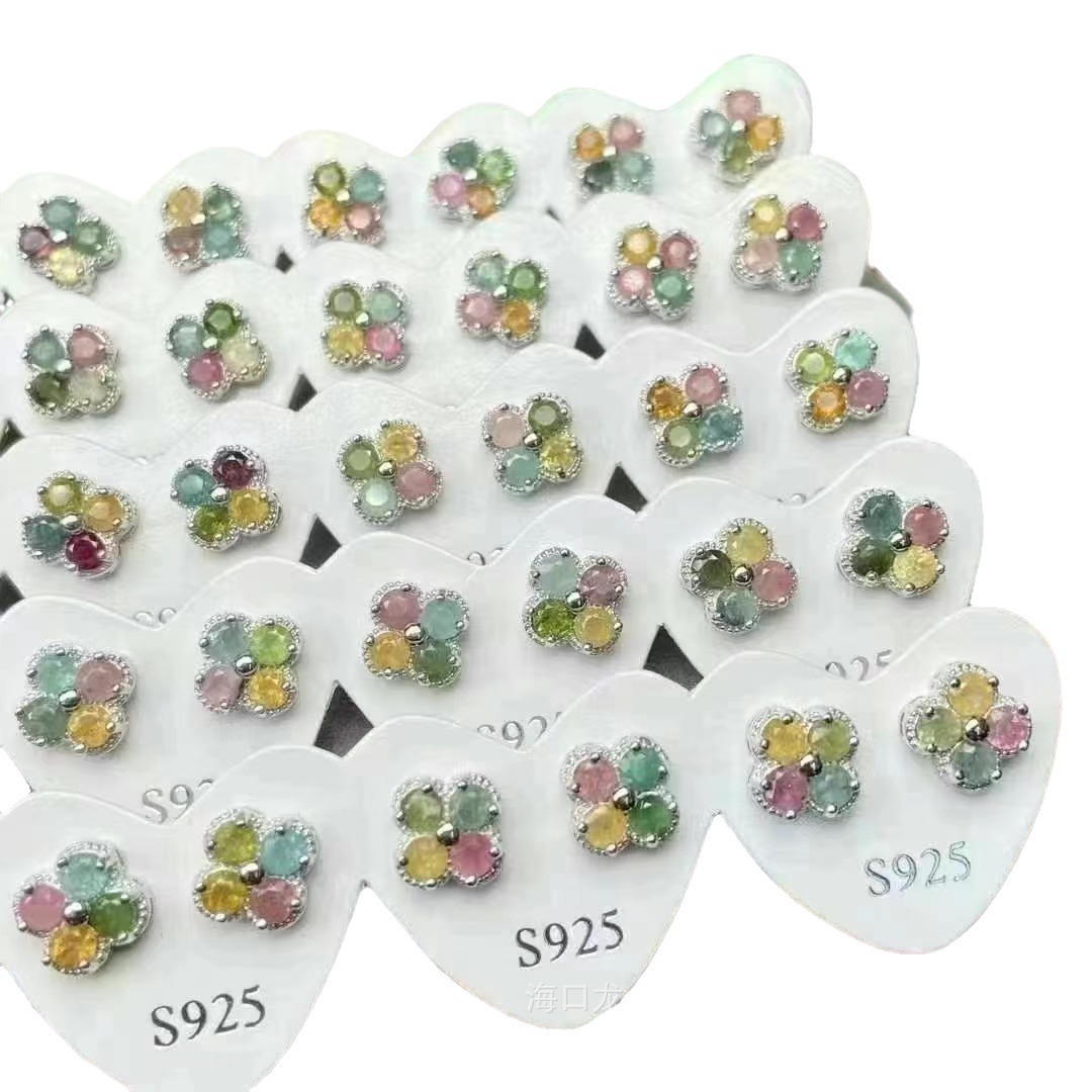 Natural tourmaline earrings s925 silver needle four-leaf clover inlaid earrings Caibao earrings ear jewelry manufacturers wholesale live