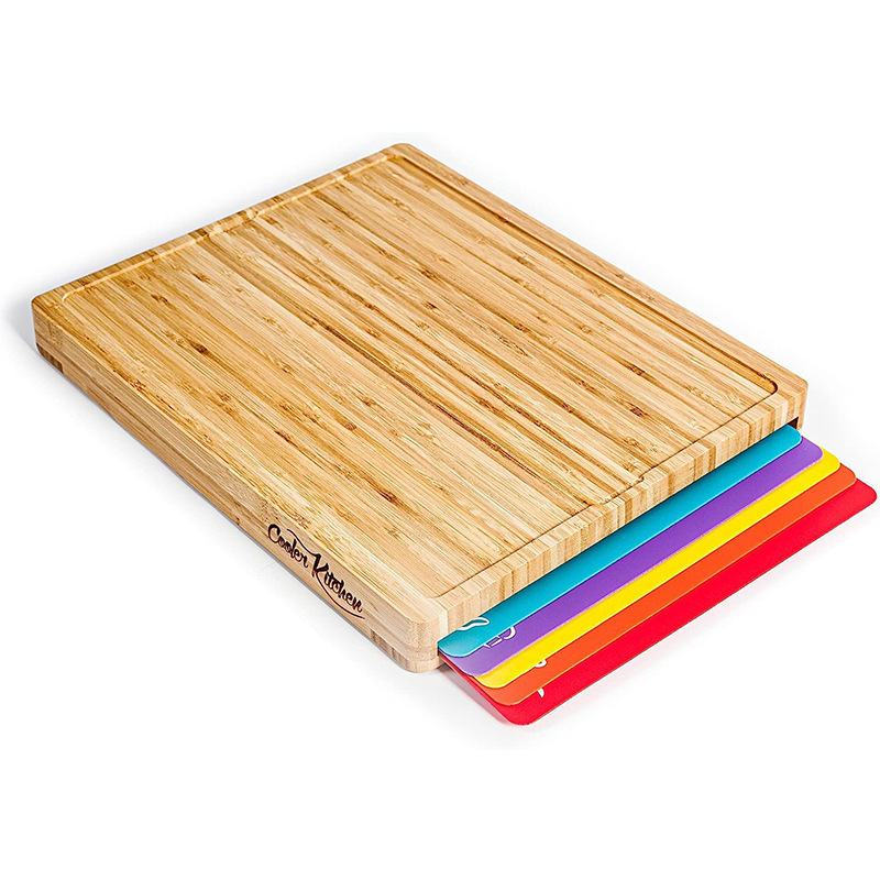 Bamboo Cutting Board with Colorful Cutting Mat Set for Kitchen Use, Solid Wood Chopping Board for Fruits, Bread, and Vegetables